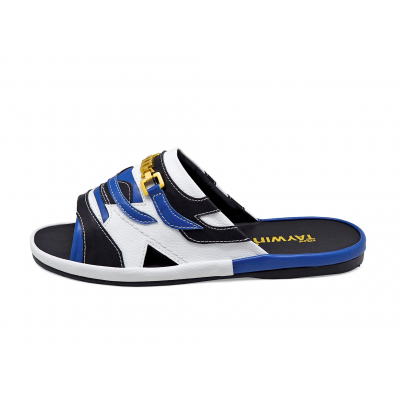 Men Sandals SKF-38 Black&Blue Nappa-White Pebble grain Microfiber Leather